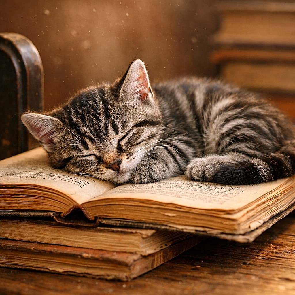 「ふるい本のぬくもりに、とろけるサバトラさん🐾」A close-up warm-toned photograph of a silver tabby kitten sleeping with its cheek resting on the open pages of an old book. The kitten lies naturally on its side with four limbs and one tail visible, paws relaxed with claws retracted. The shallow depth of field highlights the paper fibers and ink bleed of the aged pages, with warm diagonal light creating soft dust bokeh. A worn metal bookend and textured wooden desk frame the scene, with clear grounding shadows beneath the kitten. 古本の開いたページに頬をのせて眠るサバトラ子猫の寄りの写真。子猫は自然な横寝で、4本の脚と1本の尾が見え、爪は収納されている。浅い被写界深度で紙の繊維やインクの滲みが際立ち、暖色の斜光が埃のボケを生む。使い込まれたブックエンドと木の机の質感が周囲を構成し、子猫の下には明瞭な接地影が落ちている