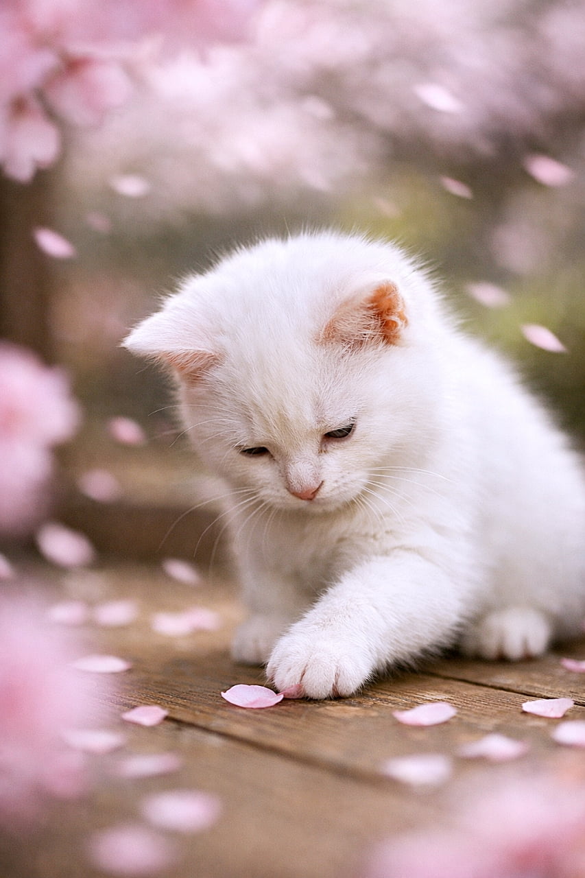 「春の風に誘われて、ちょん。桜と子猫のやさしい午後🐾」A white kitten gently touches a fallen cherry blossom petal with its paw on a wooden veranda, surrounded by soft pink blur of cherry blossoms in the foreground and background. 白い子猫が縁側に舞い落ちた桜の花びらを前足でそっと触れている。前景と背景には柔らかなピンクの桜のボケが広がっている