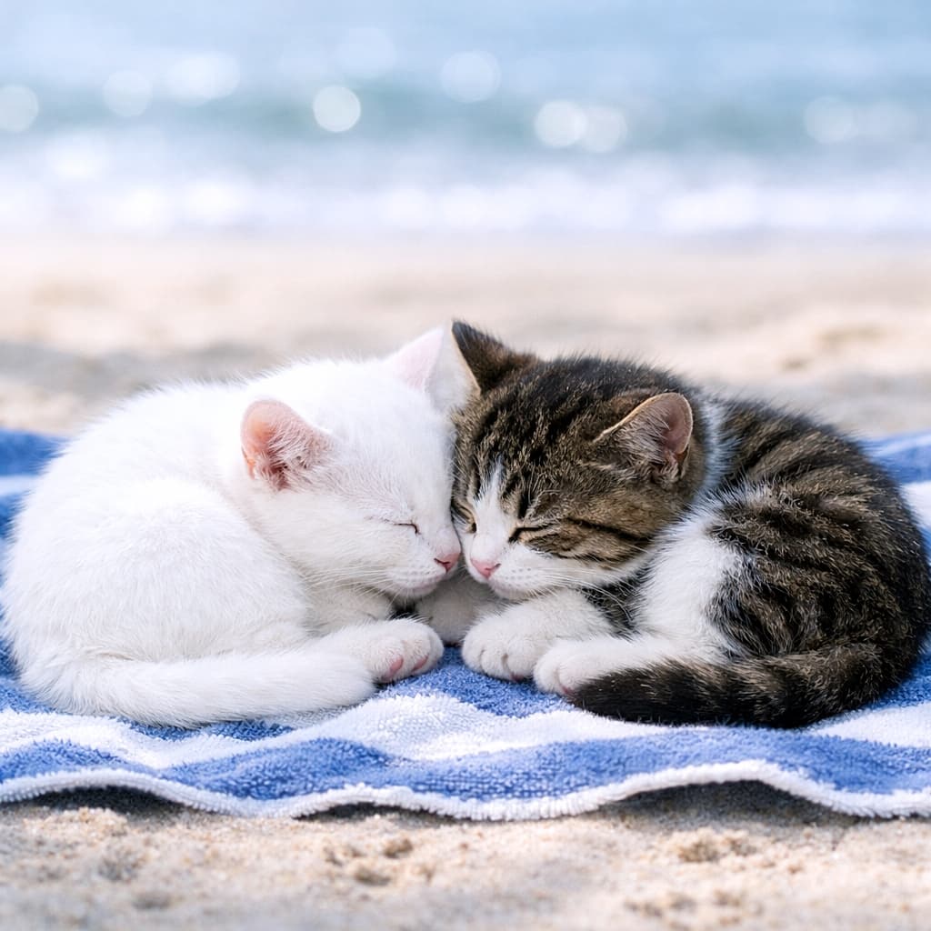「日陰のタオルでくっつく子猫たち、海風までやさしく感じるひととき🐾」Two kittens, one white and one tabby‑white, curl up nose‑to‑nose on a shaded beach towel. Soft cool-toned light reveals clear body outlines, natural limbs, tucked paws, and smooth tails. Fine sand grains and towel pile texture are visible, with faint pawprints on the sand. The background shows distant ocean waves in gentle bokeh, shot at eye level with a 50mm f/2.0 look. 日陰のビーチタオルの上で、白猫とキジ白の子猫が鼻先を寄せて丸まり、輪郭が明瞭に見える。肢は自然に収まり、爪は収納され、尾も滑らかに配置。砂粒やタオルのパイルが細かく描写され、砂上には薄い足跡。背景には遠い波の柔らかなボケが広がり、50mm・f/2.0のアイレベルらしい浅い被写界深度
