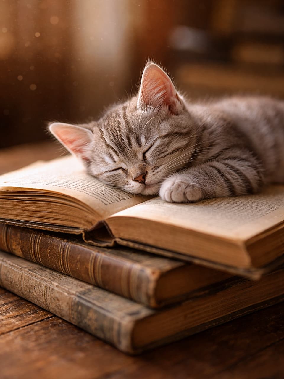 「古い本のページを枕にしてすやすや眠るシルバータビーの子猫。やわらかな光と木の机、静かな読書時間にそっと入り込んだ小さな寝顔📚🐾」A sleeping silver tabby kitten rests its cheek on an open page atop a stack of vintage books on a wooden desk. Warm slanting light and soft dust bokeh illuminate the paper fibers and aged book textures in a close-up scene. 木のデスクの上に積まれた古い本の上で、開いたページに頬をのせて眠るシルバータビーの子猫。斜めから差す暖かな光の中、紙の繊維や古書の質感が見えるクローズアップ