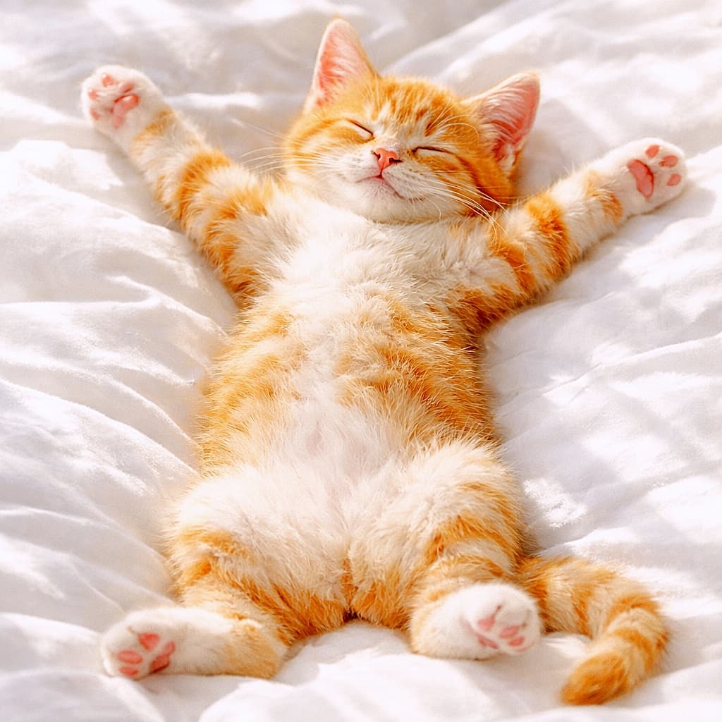 「朝日にとろける子猫、しあわせ全開ポーズ!🐾」A soft high‑key photograph of an orange‑and‑white tabby kitten lying on its back on a white futon, stretched out in a relaxed starfish pose under warm morning sunlight. The kitten’s eyes are gently closed, whiskers catching the light, limbs naturally extended with one tail, clear contact shadow, and safe low positioning. 柔らかな朝日が差し込む白い布団の上で、茶トラ白の子猫が大の字に伸びて仰向けに寝ているハイキー写真。目は満ち足りて閉じ、髭が光を受け、四肢と尾は自然な配置で接地影も明瞭