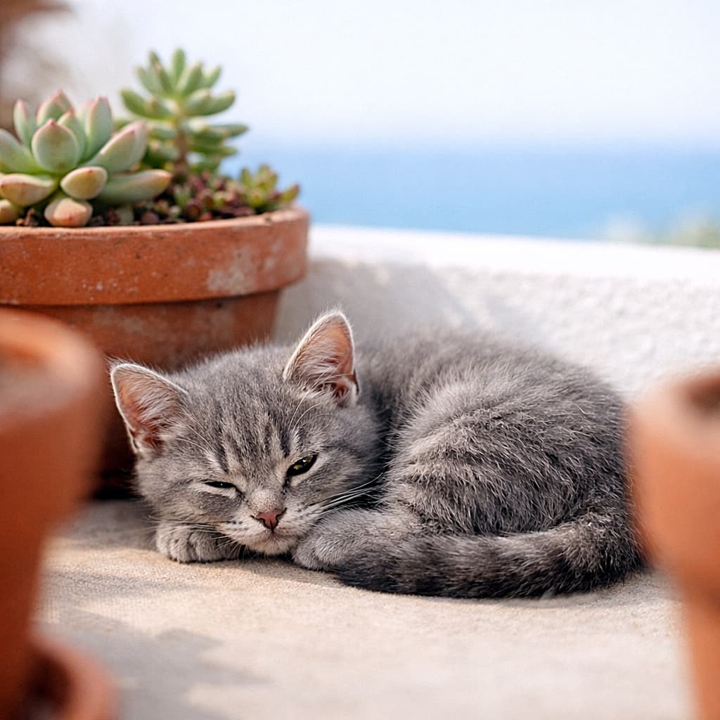 「海風の気配の中、そっと丸まる子猫の午後🐾」A gray kitten lies safely on a balcony floor, curled with its belly down and all four limbs and one tail naturally tucked. One eye is slightly open. Terracotta pots and succulents create a soft foreground blur, while the distant background shows a hint of blue sea. Soft light from a white wall adds gentle catchlights. No extra limbs, distortions, or text are present. グレーの子猫がベランダの床でお腹を下にして丸くなり、4本の脚と1本の尾が自然に収まり、片目だけがうっすら開いている。前景にはテラコッタ鉢の柔らかなボケ、多肉植物、遠景には海を思わせる青。白壁の反射光で柔らかなキャッチライト。余分な肢・尾・耳やねじれ、テキストは一切なし