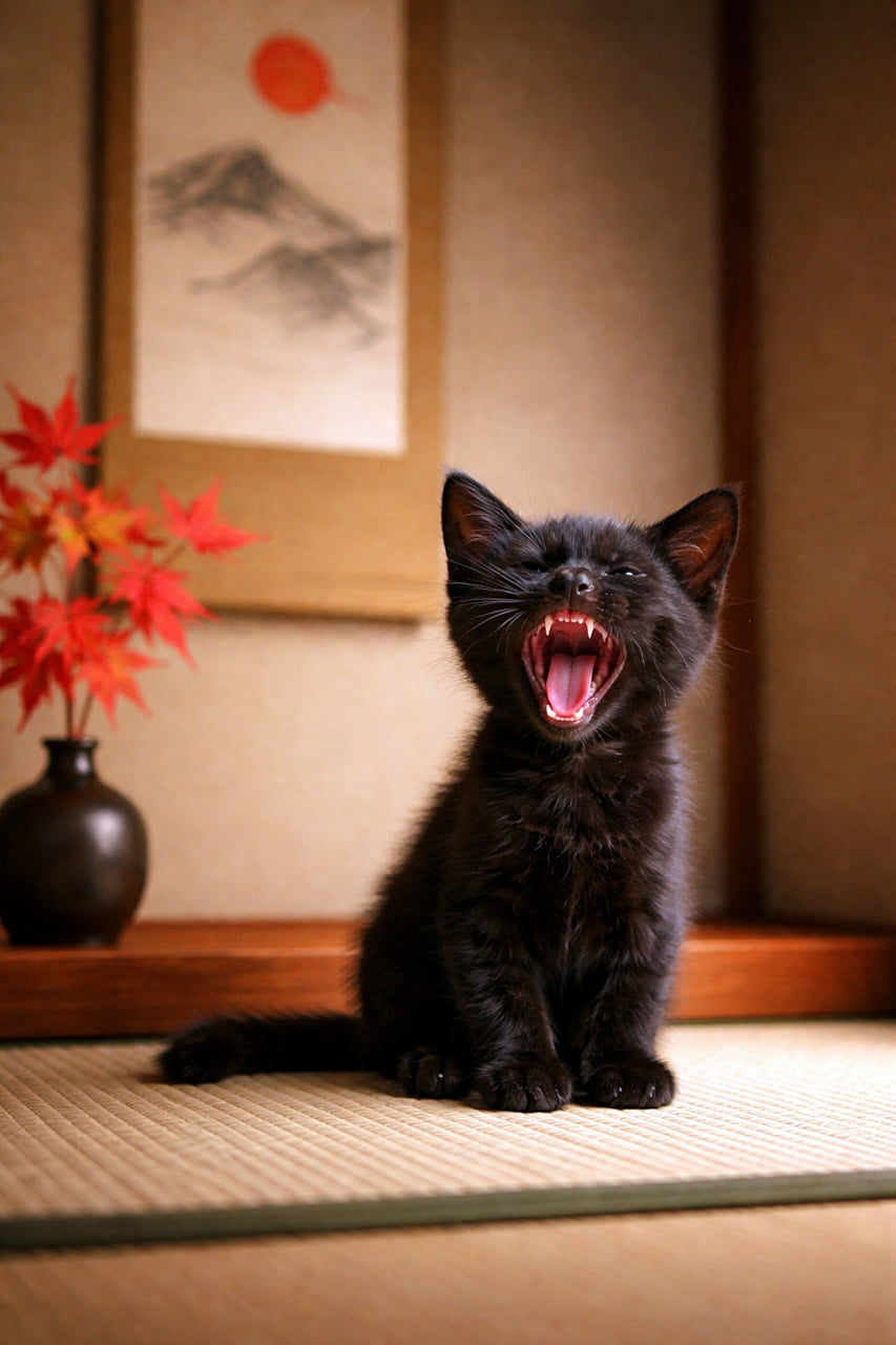 「床の間の静かな空間で、黒い子猫が大きなあくび。赤いモミジと掛け軸の和の背景に、つややかな黒毛と小さな歯が映える、ほっとする一瞬🐾」Black kitten mid-yawn in a traditional tokonoma alcove, with a hanging scroll and a red maple sprig behind it, sitting on tatami under soft warm light. 床の間の畳に座り、大きくあくびをする黒い子猫。背景には掛け軸と赤いモミジの枝が飾られ、やわらかな光に包まれている