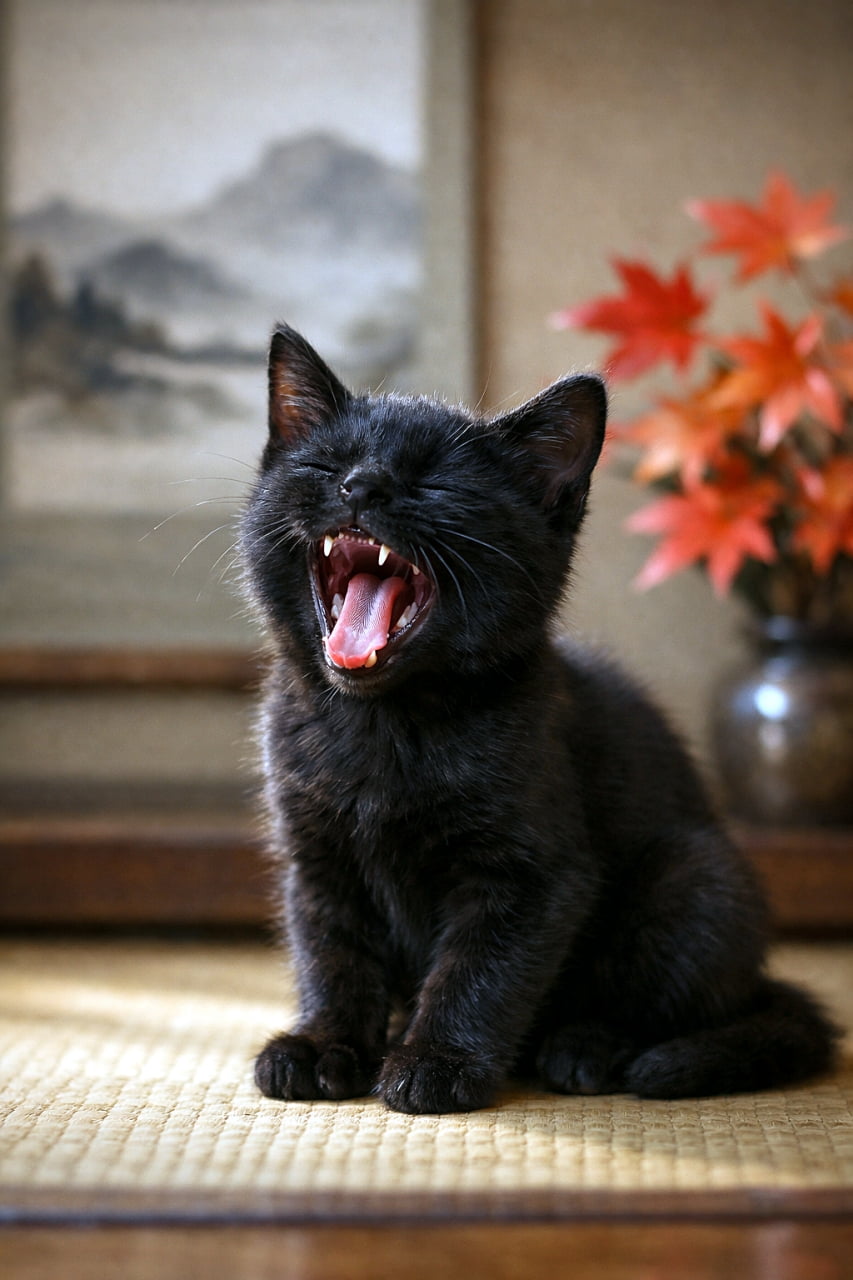 「静かな和室で、子猫のあくびが秋色をふわっと揺らす🐾」A black kitten sits safely on a tatami floor in a traditional Japanese alcove. It gives a natural, wide yawn showing small teeth and a soft-textured tongue. A hanging scroll and a branch of red autumn leaves appear behind it. Lighting combines back rim light and gentle front soft light, with accurate anatomy: four limbs, one tail, relaxed joints, retracted claws, and a grounded shadow. 黒い子猫が、和室の床の間で安全に座りながら大きな自然なあくびをしている。小さな牙と柔らかな舌の質感が見え、背景には掛け軸と紅葉の一枝。光は後方からのリムライトと前面の柔らかな光。解剖学は正確で、4肢1尾、自然な関節、爪は収納され、接地影もある
