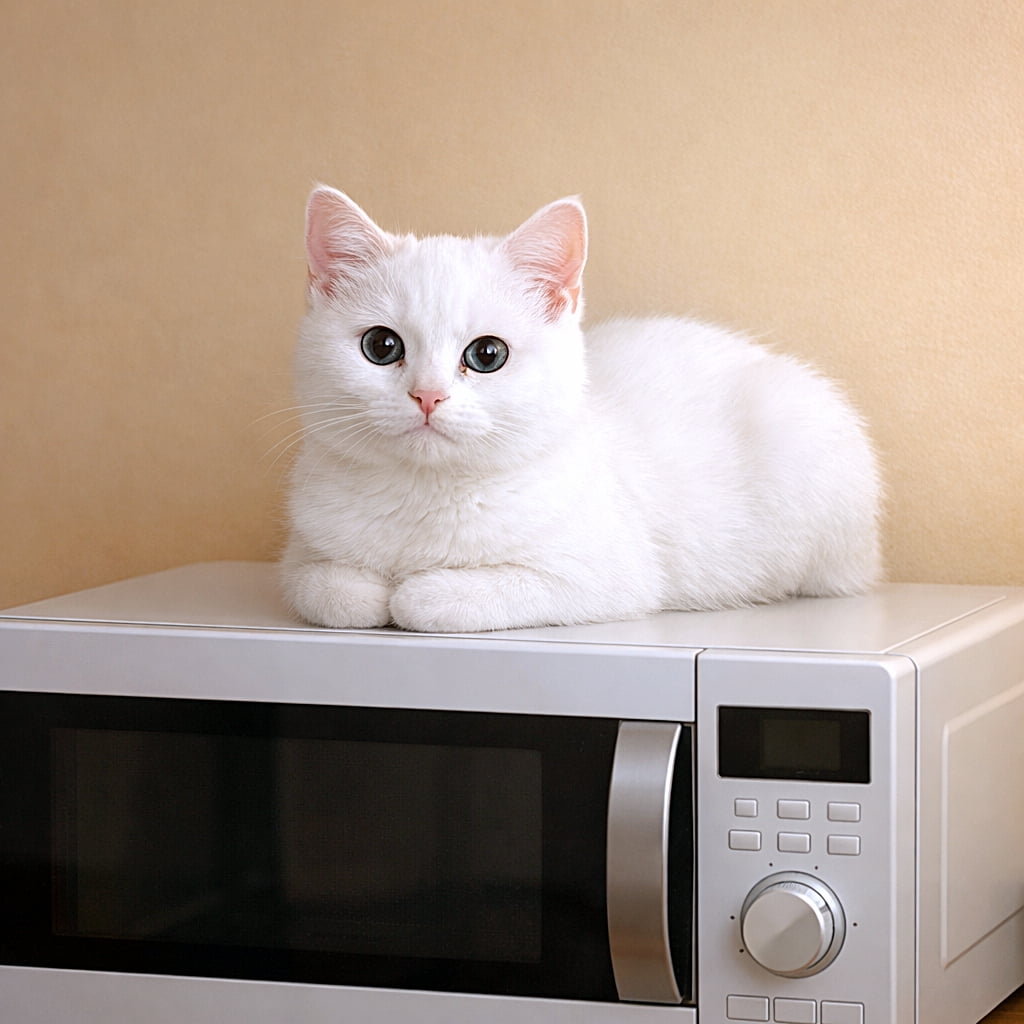 「白い子猫、電子レンジの上で香箱座り。やわらかな光に包まれて、穏やかな瞳がキッチンの静けさを映している🐾」A photorealistic white kitten sits in a relaxed “loaf” position on top of a microwave placed on a low kitchen shelf. Its front paws are tucked under its body, with gentle catchlights in its calm eyes. The microwave is clean and turned off, and the warm-toned kitchen wall behind it is softly lit with no clutter. フォトリアルな白い子猫が、低いキッチン棚の電子レンジの上で香箱座りをしている。前足は体の下に収まり、穏やかな瞳には柔らかなキャッチライトが入っている。電子レンジは清潔で電源は入っておらず、背景は暖色系のキッチンの壁で柔らかく照らされ、雑然としたものはない