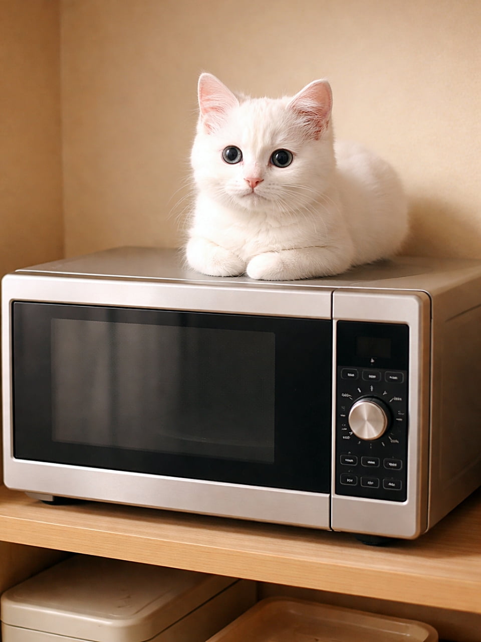 「電子レンジの上でちょこんとローフポーズの白い子猫。やわらかな光に包まれて、キッチンに静かなぬくもりが広がるひととき🐾」A photorealistic white kitten sits in a relaxed loaf position on top of a clean microwave on a low kitchen shelf. The kitten gazes calmly forward with soft catchlights in its eyes. Warm-toned wall and gentle lighting create a cozy, peaceful kitchen scene. 低いキッチン棚に置かれた電子レンジの上で、白い子猫が前足を体の下にしまうローフポーズで座っている。やさしい光の中で穏やかな表情を見せ、目には小さなキャッチライト。温かい色調の壁に囲まれた静かなキッチンの情景