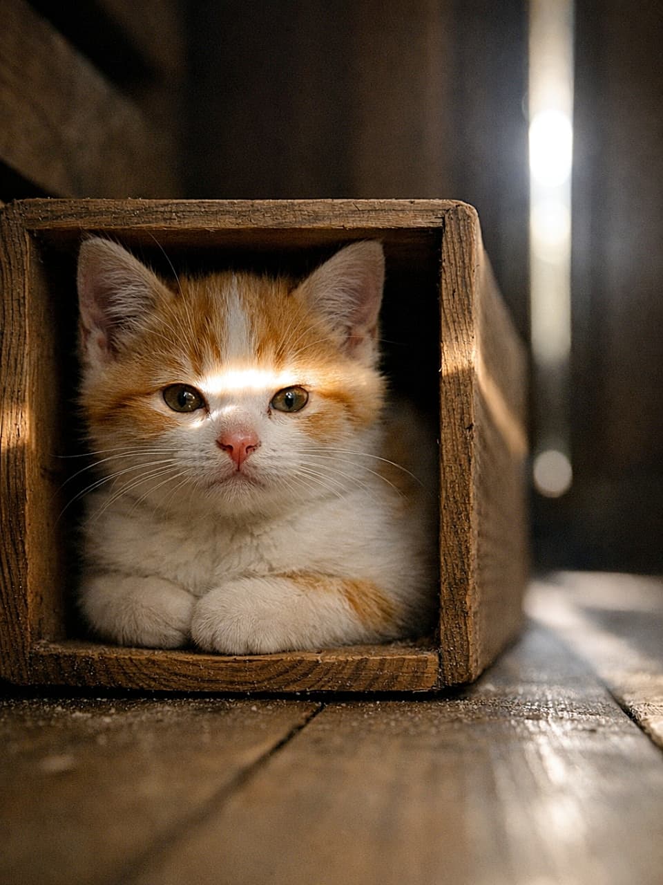 「光のすきまにすっぽり子猫、玄関の小さな宝物🐾」A small white-and-ginger kitten sits snugly inside a wooden entryway box, illuminated by a single narrow beam of light from the door gap across its face. Low‑angle 35mm f/2.0 perspective with leading lines drawing toward the back, showing wood grain, dust, and the kitten’s natural tucked posture with four limbs and one tail safely positioned. 玄関の木箱に白茶の子猫がすっぽり収まり、ドアの隙間光が顔に細い帯を作っている。35mm・f/2.0のローアングルで、床のリーディングラインが奥へ導く。木目や砂埃、自然な箱座りの子猫(4肢1尾・安全な接地影)が描写されている