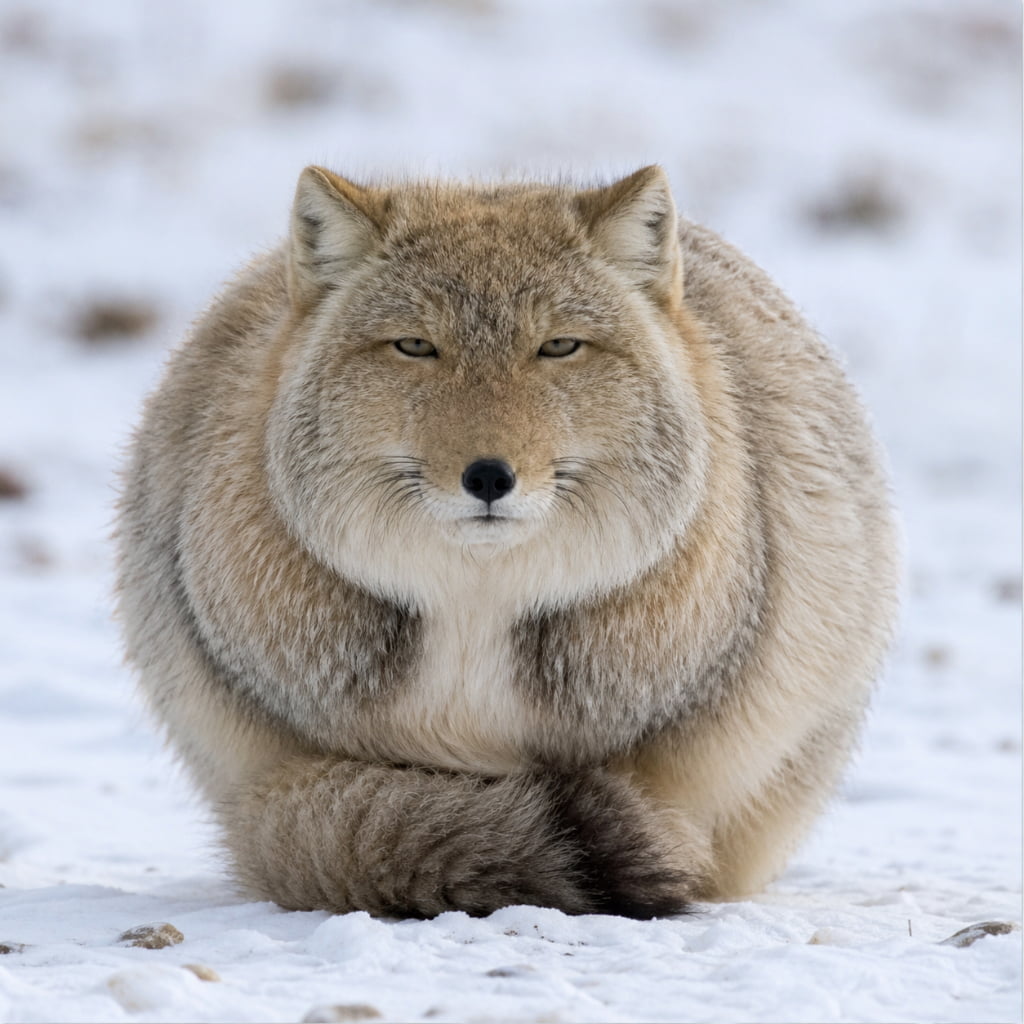 「この悟りを開いたような表情がたまらない…🧘‍♂️✨雪の中でモフモフなチベットスナギツネ🦊❄️」Ultra-realistic high-quality photograph of a Tibetan sand fox curled up in a snowy field facing the camera. The image perfectly captures its characteristic square-shaped face, unique narrowed eyes, and thick, fluffy grayish-brown winter coat, conveying a sense of chilling cold and profound silence. 真っ白な雪原の中で体を丸めて座るチベットスナギツネの正面写真。特有の四角い顔立ちと、細めたような独特の冷静な瞳（ジト目）が非常に印象的。極寒に耐えるための分厚くモフモフとした灰褐色の冬毛がリアルに描写されており、静寂と冷たい空気感が画面全体から伝わってくる