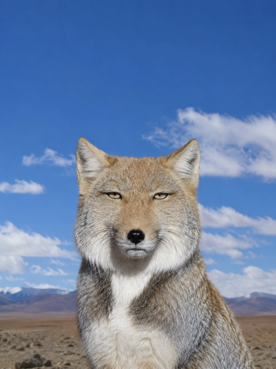 「青空の下で圧倒的な存在感…！🦊☁️悟りを開いたような表情に思わず拝みたくなります🙏✨」Ultra-realistic high-quality photograph of a Tibetan sand fox staring down at the camera with a majestic yet surreal expression, set against a vast blue sky, white clouds, and distant mountains. The sunlight beautifully highlights the rich white fur around its neck and its iconic grayish-brown facial features. 澄み渡る青空と白い雲、遠くの山々を背景に、凛とした姿勢でこちらを見下ろすように見つめるチベットスナギツネ。首周りの豊かな白い被毛と、顔周りの灰褐色の毛並みが太陽の光を浴びて美しく輝いており、その独特な表情がどこか神々しくもシュールな魅力を放っている