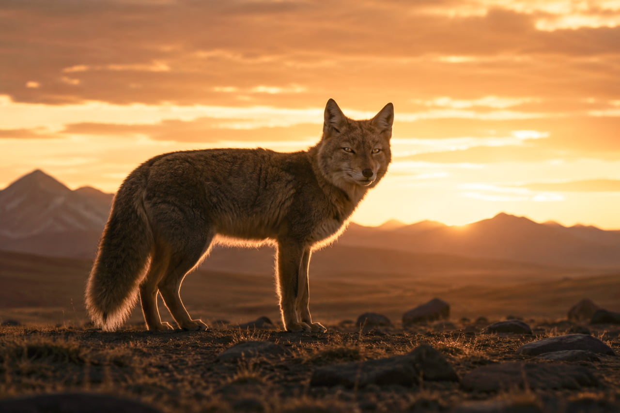 「まるで神獣…！🌅✨ 夕日に輝くシルエットが美しすぎて言葉が出ない🦊🧡 #絶景 #サンセット #チベットスナギツネ」Ultra-realistic high-quality photograph of a Tibetan sand fox standing in profile against a breathtaking golden sunset. The backlit lighting creates a stunning silhouette with a glowing halo of fur around its body. 燃えるようなオレンジ色の夕焼け空と連なる山々を背景に、横向きに立つチベットスナギツネ。逆光によって被毛の縁が黄金に輝き、劇的で神々しいシルエットを生み出している。壮大で息を呑むような美しさの高画質写真