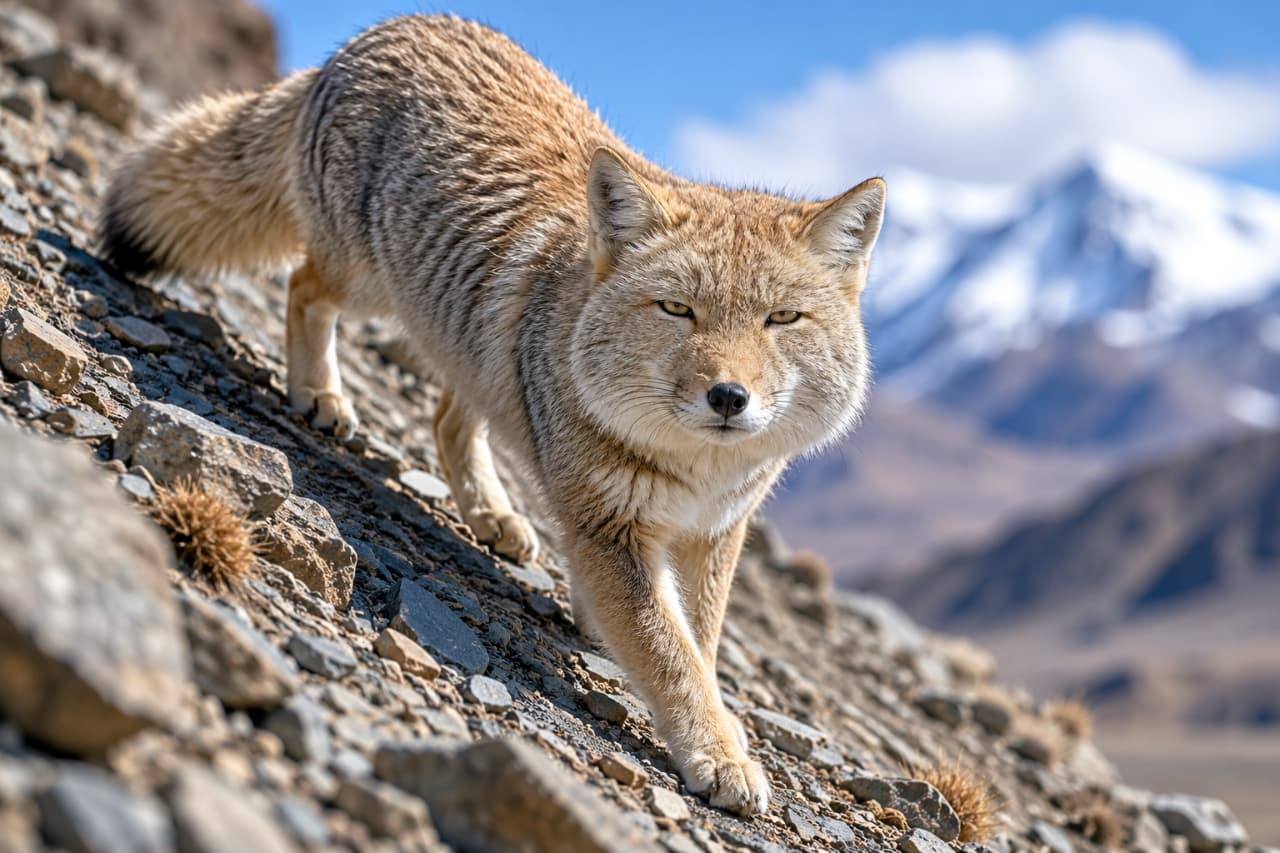 「この達観した表情がクセになる…！😆🏔️ 険しい岩場もなんのその、マイペースに歩く姿に癒されませんか？🦊💙 #チベットスナギツネ #絶景 #もふもふ」Ultra-realistic high-quality photograph of a Tibetan sand fox cautiously descending a steep, rocky slope, with magnificent snow-capped mountains and a clear blue sky in the background. The fox's signature stoic expression and thick, fluffy fur are meticulously detailed. 背後に雪を頂く壮大な山脈を控え、ゴツゴツとした険しい岩場の斜面を慎重に下るチベットスナギツネ。特有のジト目と悟りを開いたような無表情、密度の高いモフモフの被毛がクリアに描写され、澄み切った青空と雪山のコントラストが雄大な情景を作り出しています