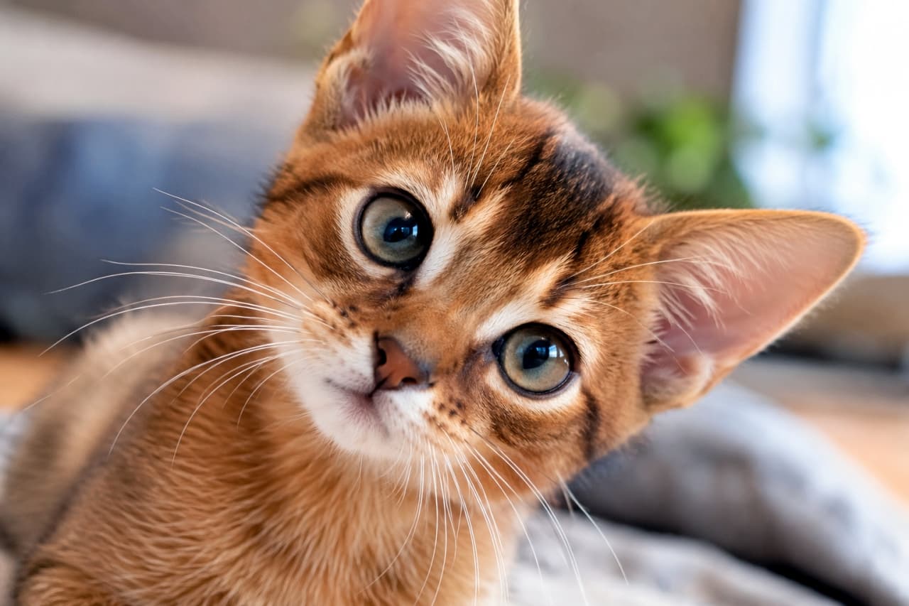「「にゃ、にゃにこれ?」好奇心に満ちた大きな瞳で首を傾げるアビシニアンの子猫ちゃん。この純真な表情にメロメロ!🐈💕 #アビシニアン #子猫のいる生活」An ultra-realistic, high-quality photograph close-up of a playful Abyssinian kitten with ruddy fur. The kitten is tilting its head sideways with massive, curious green eyes directly staring into the camera. Its finely ticked coat is detailed, alongside delicate whiskers, set against a softly blurred indoor background of wooden flooring and plants in natural light. 浅い被写界深度で撮影された、ルディ色の被毛を持つアビシニアンの子猫の超高品質なクローズアップ。首を左に傾げ、純真で好奇心に満ちた大きな緑色の瞳でカメラをじっと見つめている。細かくて光沢のあるティックドコートの質感、繊細な白いヒゲ、そして背景に柔らかくボケた木目調の床と室内植物が描写されている