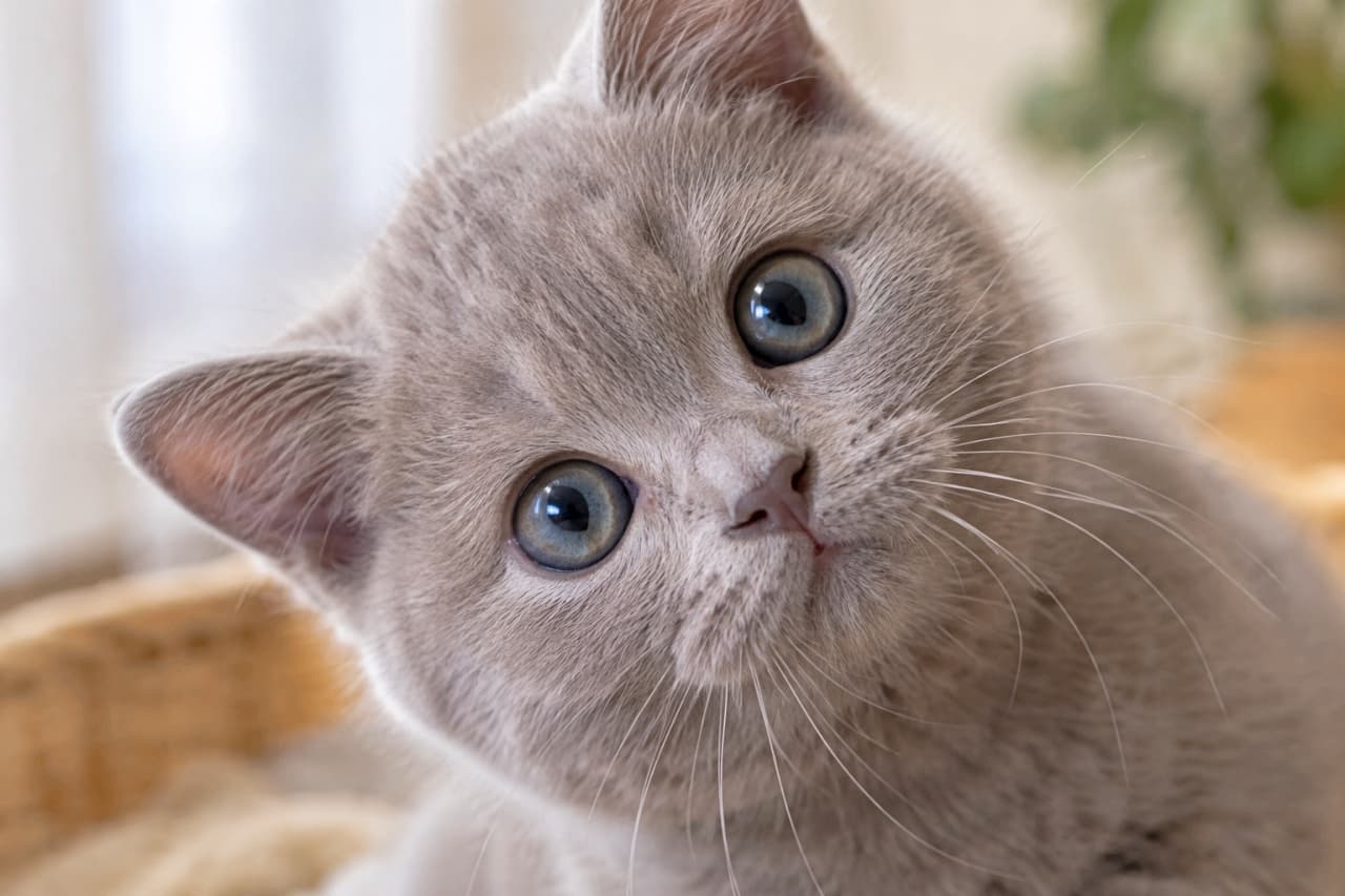 「ふっくらほっぺとライラックの毛並みが最高に上品💜 不思議そうに見つめるお顔が可愛すぎて即保存決定! #ブリティッシュショートヘア #猫好き #好奇心 #子猫 #猫 #首傾げ #あざとい #猫のいる暮らし #癒やし #猫画像」Ultra-realistic high-quality photograph of a British Shorthair kitten with a rare lilac coat. The kitten peeks from a woven basket bed, tilting its round head with curiosity. Its dense, velvet-like short fur, chubby cheeks, and large, round blue-grey eyes are beautifully captured under soft natural lighting with a shallow depth of field. カゴのようなベッドから顔を出し、不思議そうに首を傾げるブリティッシュショートヘアの子猫の写真。希少なライラック(淡い紫がかったグレー)の被毛が、短く密生したベルベットのような質感で緻密に描写されています。丸みを帯びた輪郭とふっくらとしたマズル、そして大きく丸いブルーグレーの瞳が、自然光の中で穏やかな雰囲気を醸し出しています。浅い被写界深度による柔らかなボケ味が秀逸
