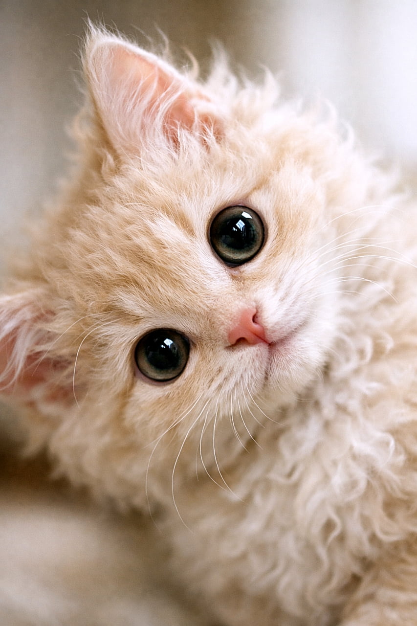 「くるくる巻き毛のラパーマ子猫が、首をかしげて大きな瞳でじっと見つめる癒やしのひととき✨」High-resolution close-up of a cream LaPerm kitten with curly fur, tilting its head sideways and gazing with large innocent eyes in soft natural light. クリーム色の巻き毛を持つラパーマの子猫が、首をかしげて大きな瞳で見つめる高解像度クローズアップ写真