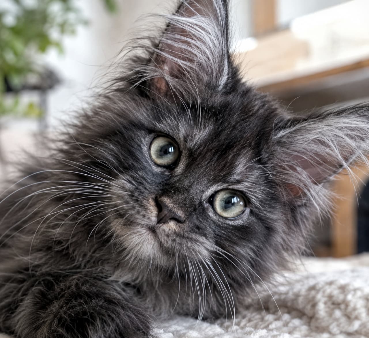 「ゴージャスな飾り毛と銀色に輝くスモークカラー🐈⬛ 王者の風格漂うメインクーンの子猫に釘付け間違いなし! #メインクーン #猫好き #好奇心 #子猫 #猫 #首傾げ #あざとい #猫のいる暮らし #癒やし #猫画像」Ultra-realistic high-quality photograph of a majestic yet playful Maine Coon kitten with black smoke fur. Resting on a soft white surface, the kitten tilts its head sideways, displaying adorable big eyes and prominent ear tufts. Soft natural lighting and a shallow depth of field beautifully capture the complex gradient and fluffy texture of its long coat. 白い柔らかな敷物の上でくつろぎながら首を傾げる、ブラックスモークのメインクーンの子猫のクローズアップ写真。根元が白く毛先が黒い独特の長い被毛や、耳の先端に生えた立派なリンクスティップ(飾り毛)が美しく描写されています。あどけなさを残しつつも知性を感じさせる大きな瞳が、柔らかな自然光を反射して輝いています