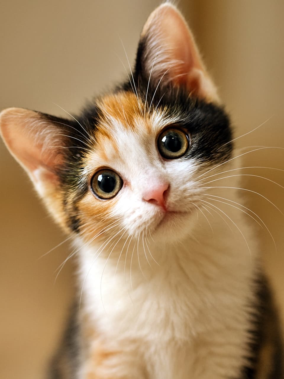 High-resolution close-up of a playful Japanese Bobtail calico kitten, face tilted sideways with big curious eyes, soft natural lighting, shallow depth of field. 高解像度のクローズアップ。遊び心いっぱいの三毛柄ジャパニーズボブテイルの子猫が顔を横に傾け、大きな瞳で好奇心を見せる。柔らかな自然光と浅い被写界深度
