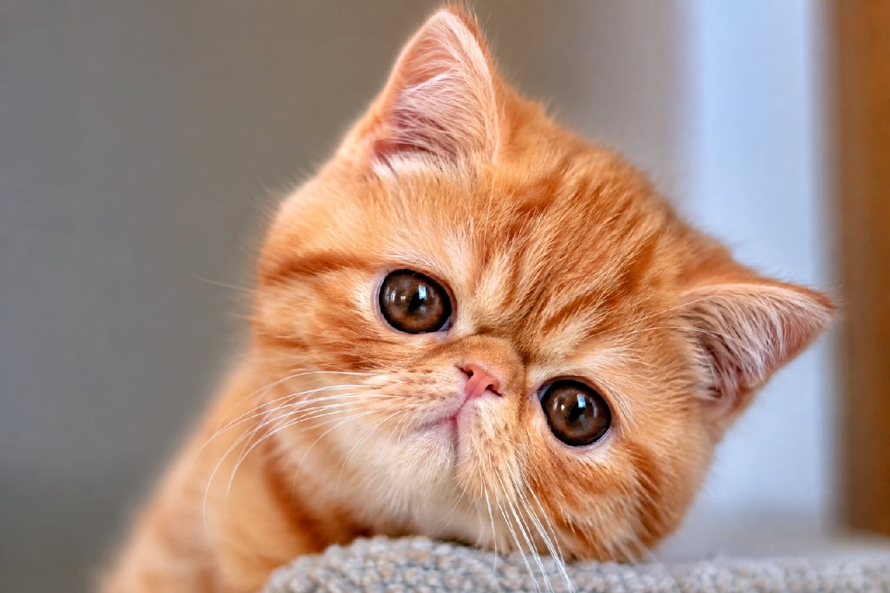 「まるでぬいぐるみ🧸🧡 エキゾチックちゃんの丸いお顔と純真な首傾げに、もう癒されまくり！😍🐾 #エキゾチックショートヘア #猫好き #好奇心 #子猫 #猫 #首傾げ #あざとい #猫のいる暮らし #癒やし #猫画像」Ultra-realistic high-quality photograph of an Exotic Shorthair kitten peeking with its teddy-bear-like round face from a cat tree, tilting its head sideways. Its warm, soft red tabby coat is fluffily depicted under natural light. Features include a flat nose and large, round, jewel-like eyes with an utterly innocent expression. The realistic texture of its fur and the beautiful bokeh background make the kitten stand out. キャットタワーのような場所から、ぬいぐるみのような丸い顔を出し、小首を傾げるエキゾチックショートヘアの子猫。レッドタビーの暖かく柔らかな被毛が、自然光を受けてふんわりと描写されている。潰れた鼻と、宝石のように丸くて大きな瞳が特徴的で、限りなく純真で無垢な表情をしている。被毛の1本1本までリアルな質感で、背景が美しくボケている