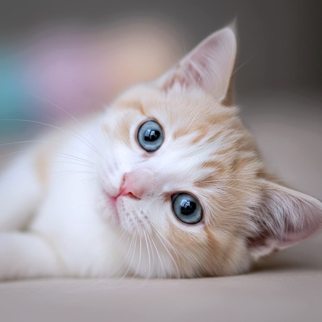 High-resolution close-up of a cream and white Munchkin kitten with big blue eyes, its head tilted sideways in a curious and innocent pose. Soft natural lighting and shallow depth of field highlight the photorealistic texture of its fur and gaze. クリーム&ホワイトのマンチカン子猫が顔を傾けてカメラを見つめる高解像度のクローズアップ。大きな青い瞳と無邪気な表情が自然光と浅い被写界深度の中で写実的に描かれ、毛並みの質感が際立っている