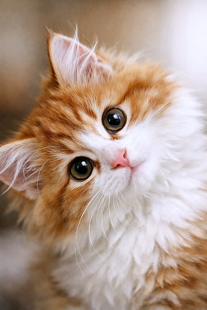 「首をかしげてじっと見つめる赤トラ白の子猫。澄んだ瞳とやわらかな毛並みに心がほどける一枚」High-resolution close-up of a playful Norwegian Forest Cat kitten with red tabby and white fur, tilting its head sideways with curious, innocent eyes in soft natural light and shallow depth of field. 赤トラ&ホワイトのノルウェージャンフォレストキャットの子猫が首をかしげ、好奇心あふれる大きな瞳で見つめる高解像度クローズアップ。柔らかな自然光と浅い被写界深度