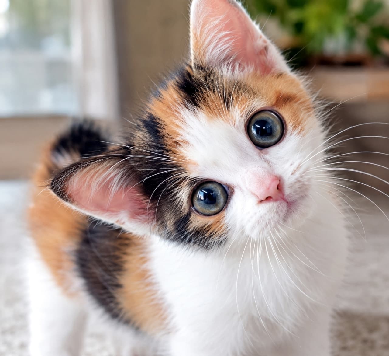「「ねえねえ、なにしてるの?」🐾 三毛猫模様と短いしっぽのジャパニーズボブテイルちゃんに一目惚れ確実😍 #ジャパニーズボブテイル #猫好き #好奇心 #子猫 #猫 #首傾げ #あざとい #猫のいる暮らし #癒やし #猫画像」Ultra-realistic high-quality close-up photograph of a playful Japanese Bobtail kitten with vibrant calico fur. The kitten tilts its head deeply to the right in soft natural lighting, showcasing its distinctive short, pom-pom-like tail and large, expressive olive-green eyes. The shallow depth of field beautifully highlights its innocent expression against a gently blurred indoor background. 柔らかな自然光が差し込む室内で、不思議そうに首を大きく右に傾ける三毛(キャリコ)模様のジャパニーズボブテイルの子猫の超リアルなクローズアップ写真。黒、オレンジ、白の鮮やかな被毛、背後に覗く特徴的な丸く短いしっぽ、そして吸い込まれるような大きなオリーブグリーンの瞳が、浅い被写界深度によるボケ味の中で克明かつ立体的に描写されています