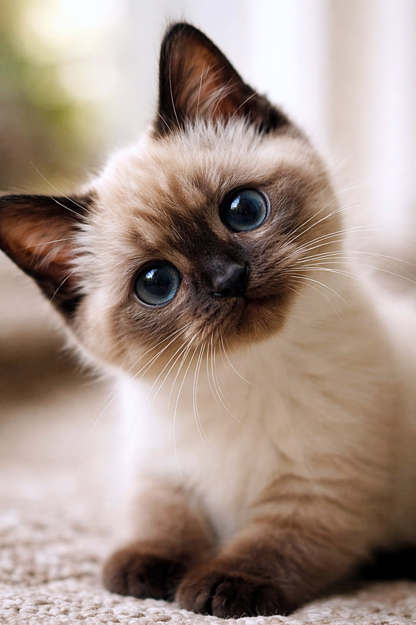 「きゅんと首かしげ。青い瞳がまっすぐ見つめる、シールポイントのシャム子猫の透明感あふれる一瞬」High-resolution close-up of a playful Siamese kitten with seal point fur, tilting its head sideways with curiosity, big blue eyes shining in soft natural light and shallow depth of field. 好奇心いっぱいに首をかしげるシールポイントのシャム子猫の高解像度クローズアップ。やわらかな自然光の中で大きな青い瞳が輝いている