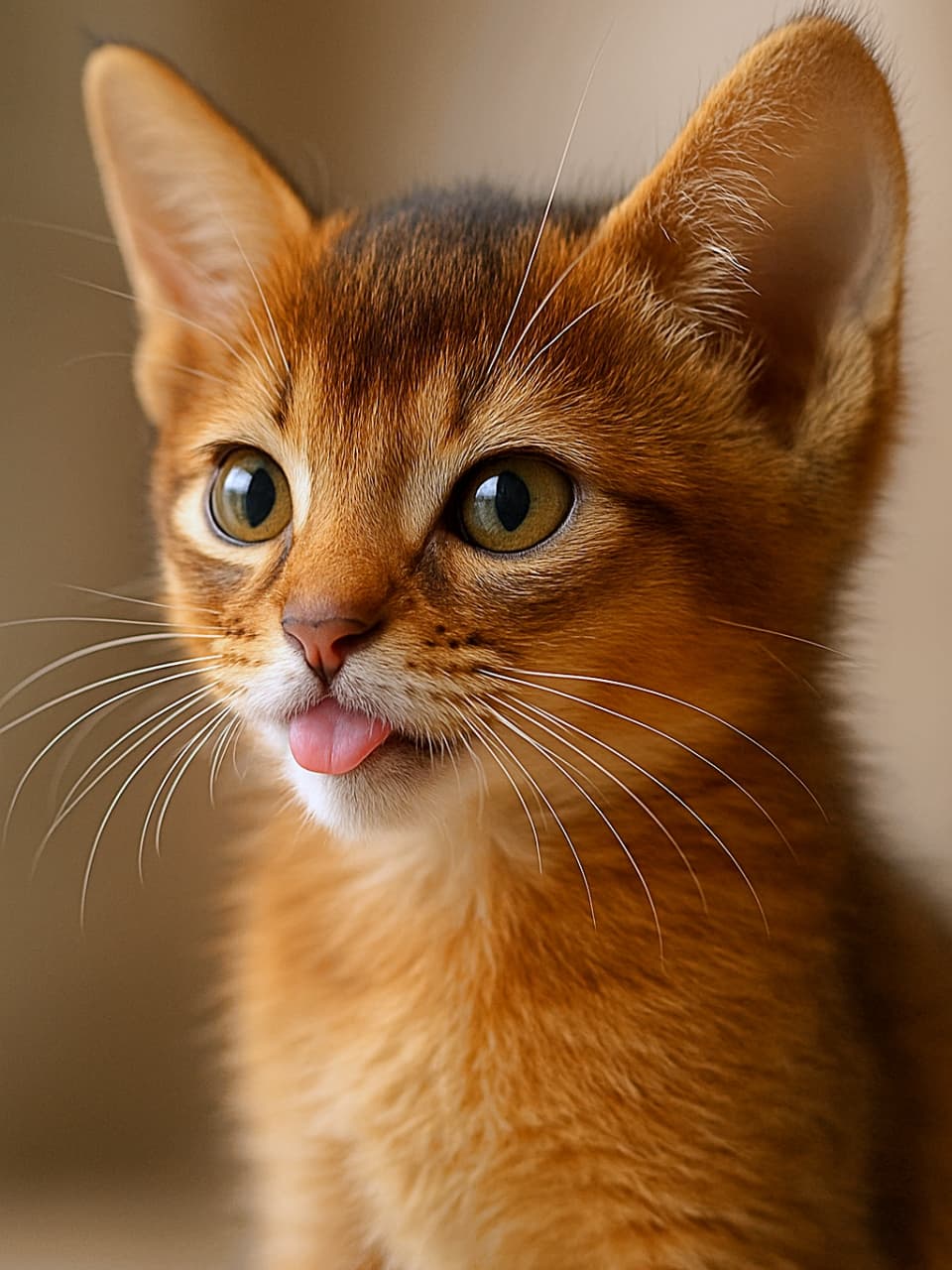 Ultra-detailed close-up of a ruddy Abyssinian kitten photographed at a 45-degree angle, showing a playful expression with delicate whiskers in soft natural light against a blurred bokeh background. 45度の角度から撮影された、遊び心のある表情をしたルディカラーのアビシニアン子猫の超精細クローズアップ。柔らかな自然光と背景の美しいボケが毛並みとひげの繊細さを際立たせている