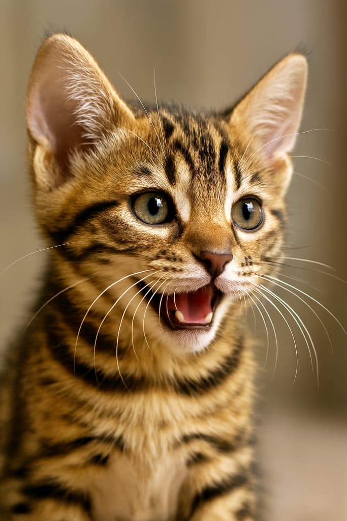 ✨いたずらっ子フェイス全開!ふわふわマーブル模様のベンガル子猫が、光の中でキラキラ輝いてるよ🐾💛Ultra-detailed close-up of a Bengal kitten with brown marbled fur, playful expression, delicate whiskers, soft natural light, blurred bokeh background. 茶色のマーブル模様を持つベンガル子猫の超精細クローズアップ。遊び心ある表情と繊細なひげ、柔らかな自然光、背景は美しいボケ