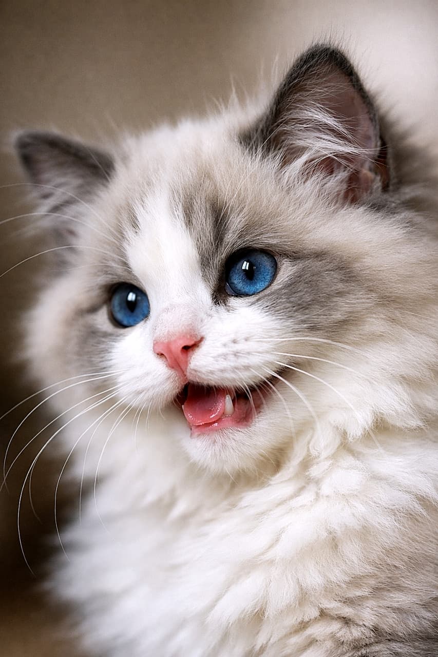 「澄んだ青い瞳が印象的なラグドール子猫。ブルーポイントバイカラーの愛らしい表情に心ときめく一枚」Ultra-detailed close-up photo of a blue point bicolor Ragdoll kitten with bright blue eyes, fluffy fur, soft natural lighting, and blurred bokeh background. 青い瞳をしたブルーポイントバイカラーのラグドール子猫の超高精細クローズアップ写真。ふわふわの毛並みが自然光に照らされ、背景は美しいボケ
