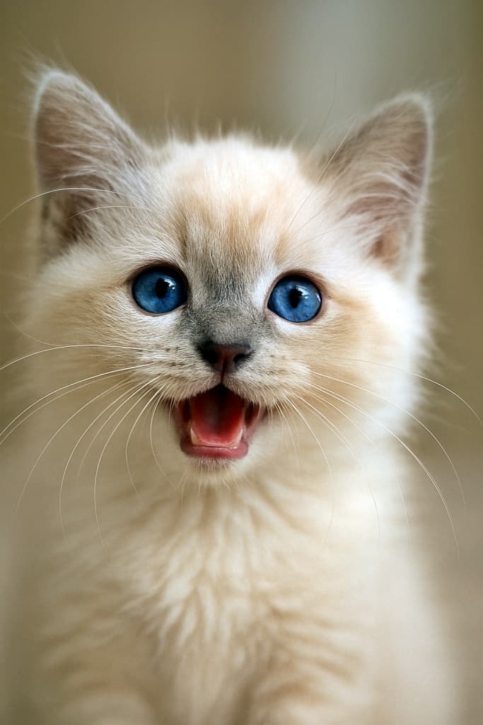 Close-up of a Cream Point Minuet kitten with playful expression, soft fur, and delicate whiskers in natural light. クリームポイントのミヌエット子猫が遊び心たっぷりの表情で写る、ふわふわ毛並みと繊細なヒゲが魅力の接写写真