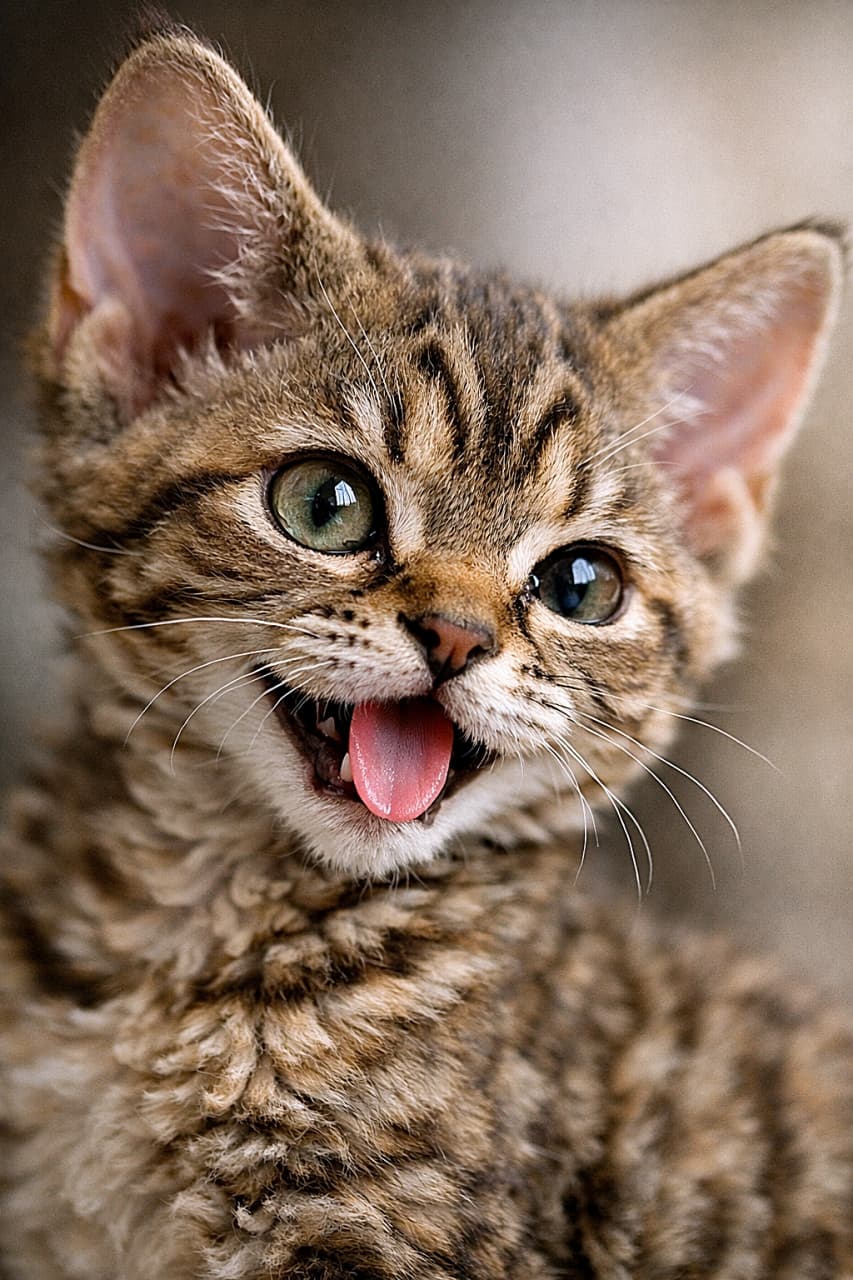 Ultra-detailed close-up photo of a playful Devon Rex kitten with brown spotted tabby fur, captured at a 45-degree angle under soft natural light, with expressive eyes and delicate whiskers against a blurred bokeh background. 茶色のスポッテッドタビー柄のデボンレックスの子猫を45度の角度から捉えた、柔らかな自然光に包まれた超高精細クローズアップ写真。遊び心のある表情と繊細なひげが、背景の美しいボケの中で際立っている