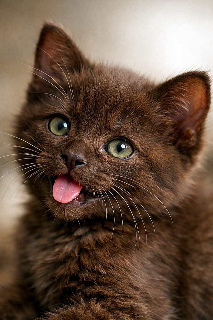Ultra-detailed close-up photo of a playful Havana Brown kitten with rich brown fur, photographed at a 45-degree angle. Soft natural light highlights the fluffy texture of the fur and delicate whiskers against a smooth, blurred bokeh background. 茶色の毛並みが美しいハバナブラウンの子猫を45度の角度から撮影した、超高精細なクローズアップ写真。柔らかな自然光がふわふわの毛並みと繊細なヒゲを引き立て、背景は美しくぼけている
