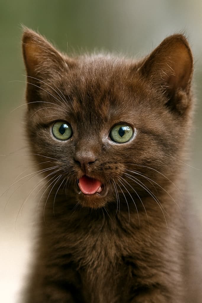 Close-up of a playful Havana Brown kitten with soft brown fur and delicate whiskers in natural light. 自然光に包まれたハバナブラウンの子猫。ふわふわの茶色い毛並みと繊細なヒゲが愛らしいアップ写真
