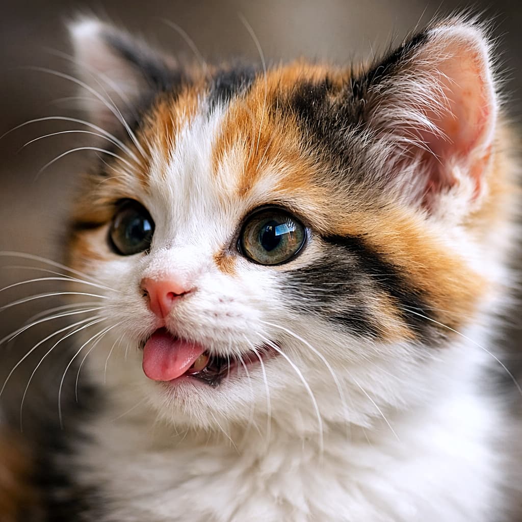Ultra-detailed close-up photo of a playful Japanese Bobtail kitten with Mi-ke (calico) fur, photographed from a 45-degree angle. Soft natural light highlights the fluffy fur and delicate whiskers, with a smooth blurred bokeh background. 三毛柄の日本猫(ジャパニーズボブテイル)の子猫を45度の角度から撮影した超高精細なクローズアップ写真。柔らかな自然光がふわふわの毛並みと繊細なヒゲを引き立て、背景は美しくぼかされている