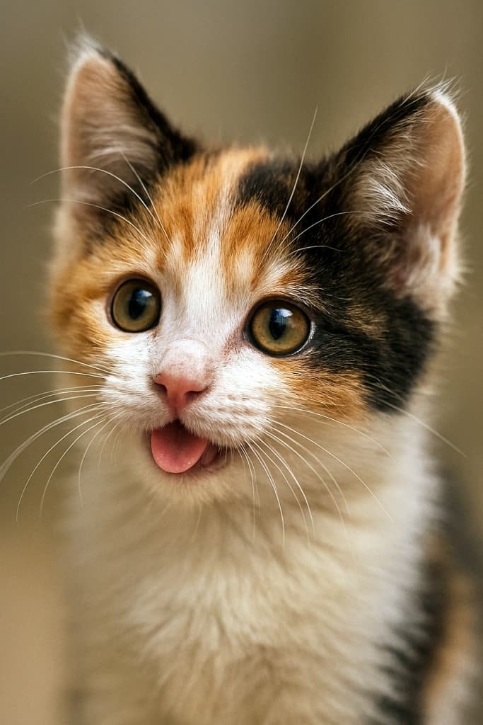 Close-up of a playful Japanese Bobtail kitten with Mi-ke fur, captured in soft natural light. 柔らかな自然光に包まれた三毛柄のジャパニーズボブテイル子猫の遊び心あふれるアップ写真