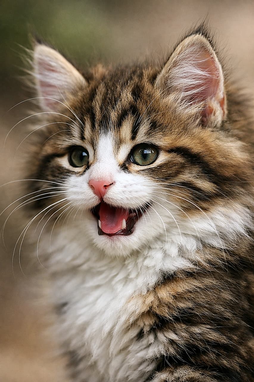 「ふわふわ毛並みにきゅん!遊び心あふれる表情のノルウェージャンフォレストキャット子猫に癒やされる瞬間🐾」A realistic close-up photo of a Norwegian Forest Cat kitten with brown tabby and white fur, taken from a 45-degree angle in soft natural light with a blurred bokeh background. 柔らかな自然光の中、背景が美しくボケた45度の角度から撮影された、ブラウンタビー&ホワイトのノルウェージャンフォレストキャットの子猫のクローズアップ写真