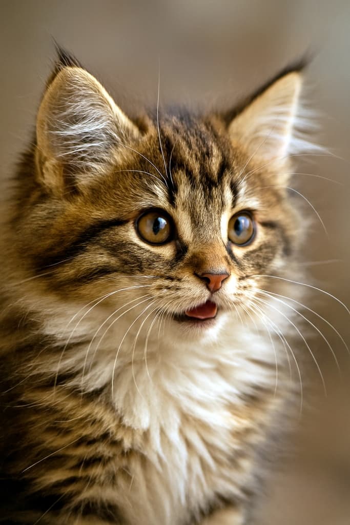 「ふわふわの毛並みとキラキラの瞳で、遊び心いっぱいのノルウェージャンフォレストキャット子猫!」ultra-detailed close-up of a norwegian forest cat kitten with brown tabby and white fur, playful expression, soft natural light, blurred bokeh background, macro lens professional quality ノルウェージャンフォレストキャットの子猫、ブラウンタビー&ホワイトの毛並み、遊び心ある表情、柔らかな自然光、背景は滑らかなボケ、マクロレンズで撮影された超リアルな高解像度クローズアップ