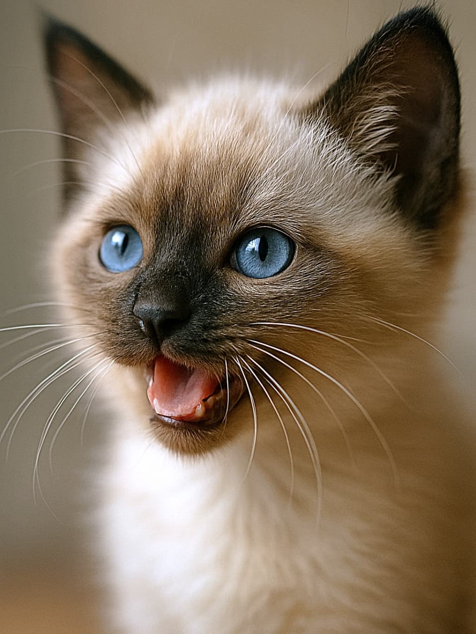 Close-up of a playful Siamese kitten with seal point fur and blue eyes, photographed at a 45-degree angle in soft natural light with a blurred bokeh background. シールポイントの毛色と青い瞳を持つシャム子猫を45度の角度から捉えたクローズアップ写真。柔らかな自然光とボケ背景が特徴