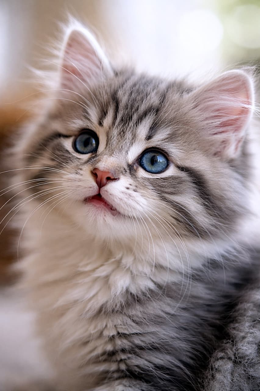 「ふわふわ毛並みときらきらおめめにキュン必至なサイベリアン子猫ショット🐾✨」Ultra-detailed realistic close-up of a fluffy Siberian kitten with blue tabby and white fur, photographed at a 45-degree angle in soft natural light with a blurred bokeh background. 柔らかな自然光の中、45度の角度から撮影されたブルータビー&ホワイトのふわふわなサイベリアンの子猫の超精細クローズアップ写真