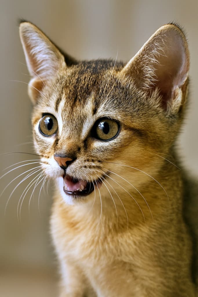 Close-up of a playful Singapura kitten with sepia agouti fur, captured in soft natural light. セピアアグーチの毛並みが美しいシンガプーラ子猫のアップ。自然光でふんわり撮影