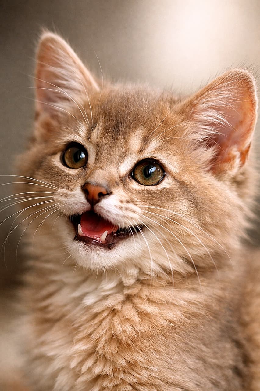 「ふわもこソマリちゃん、好奇心全開の一瞬ショット🐱✨」A realistic macro close-up of a playful Somali kitten with fawn-colored fluffy fur, soft natural lighting, delicate whiskers, and a blurred bokeh background. 柔らかな自然光に照らされた、フォーンカラーのふわふわなソマリの子猫のマクロ接写。ひげが繊細で、背景は美しいボケ