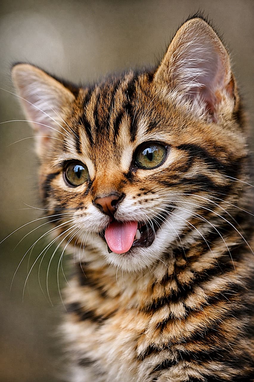 Ultra-detailed close-up photo of a playful Toyger kitten with brown mackerel tabby fur, captured from a 45-degree angle in soft natural light, with delicate whiskers and a smooth blurred bokeh background. 柔らかな自然光の中、45度の角度から撮影されたブラウン・マッカレルタビー柄のトイガーの子猫。繊細なヒゲと遊び心のある表情が際立つ、背景が美しくぼけた超高精細クローズアップ写真