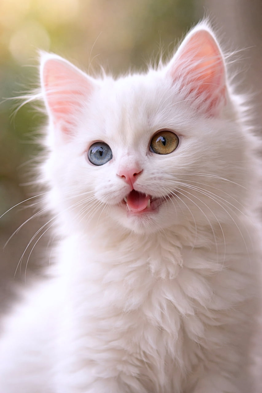 「オッドアイが輝く白い天使、至近距離の尊さ✨」Ultra-detailed close-up portrait of a white Turkish Angora kitten with heterochromatic eyes, photographed at a 45-degree angle in soft natural light, fluffy fur texture highlighted against a smooth blurred bokeh background. 柔らかな自然光の中で45度の角度から撮影された、オッドアイの白いターキッシュアンゴラの子猫の超高精細クローズアップ写真。背景はなめらかなボケ