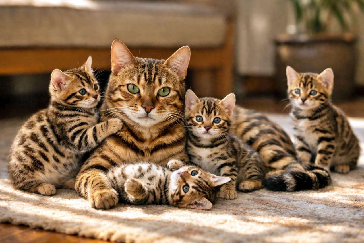 A Bengal mother cat resting on a sunlit rug, surrounded by five Bengal kittens in different poses, one kitten gently touching her shoulder with a paw, captured in warm morning light. 朝のやわらかな光が差し込むラグの上でくつろぐベンガルの母猫と、さまざまなポーズで寄り添う5匹の子猫。1匹の子猫が前足で母猫の肩にそっと触れている様子