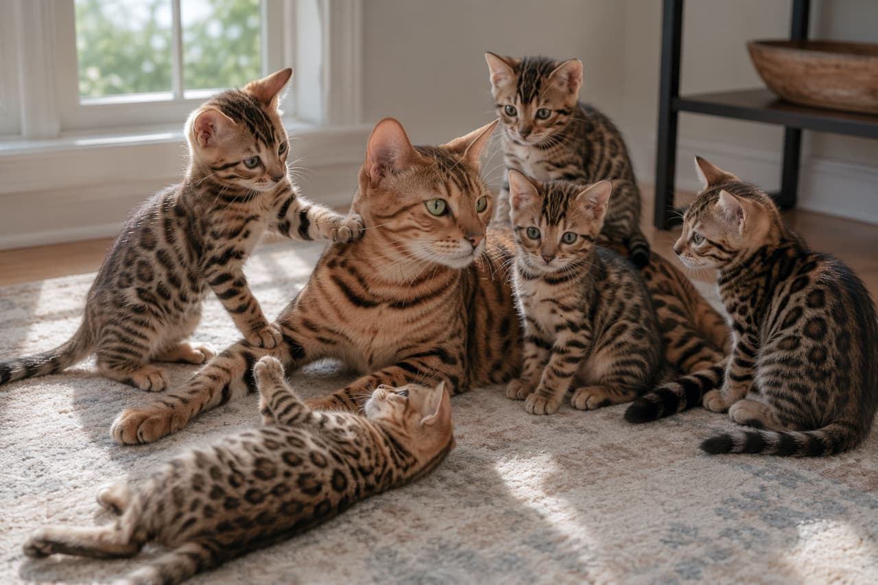 「元気いっぱいなベンガルファミリーの日常に癒やされる…縦横無尽に遊ぶ子猫たちが可愛すぎるッ!斑点模様も芸術的✨ #猫のいる暮らし #ベンガル猫」An ultra-realistic high-quality photograph of a Bengal cat family playing on a carpet in a sunlit living room. An adult Bengal cat with beautiful rosette patterns is surrounded by five adorable kittens. One kitten lies on its back, while another playfully places its paws on the adult's shoulder. Warm natural light streams through the window in the background, creating a cozy atmosphere. 明るい日差しが差し込むリビングのカーペットの上で、美しいロゼット模様(豹柄)を持つベンガルの成猫と5匹の子猫たちが集まって遊んでいる様子。1匹の子猫は仰向けに寝転がり、別の1匹は成猫の肩に前足をかけて甘えています。背景の窓からは柔らかな自然光が注ぎ、温かみのあるアットホームな雰囲気が漂う超高画質な写真