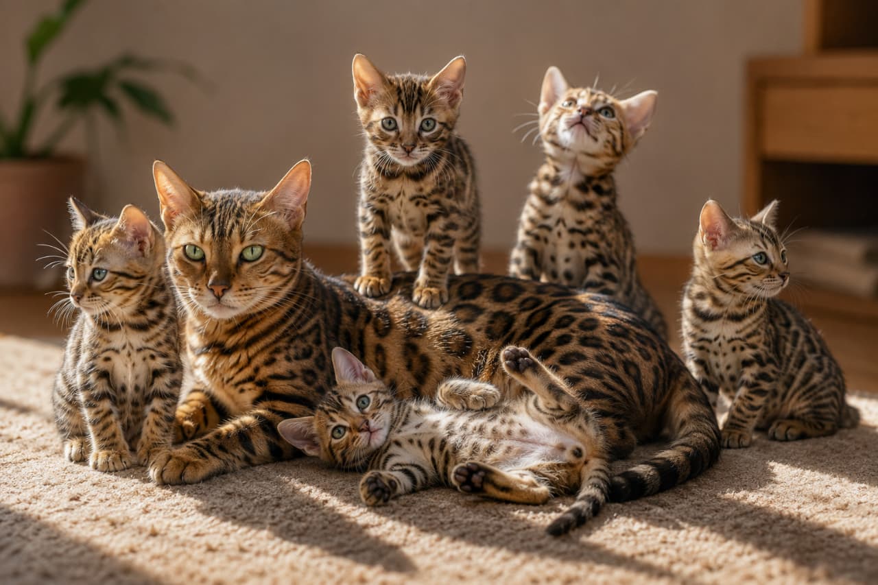 「みんなでカメラ目線、はいポーズ!📸 ベンガルファミリーの尊すぎる集合写真をお届け。真ん中のヘソ天にキュン死確定!💘 #ベンガル #猫好きさんと繋がりたい」An ultra-realistic high-quality photograph of a Bengal cat family relaxing on a beige carpet. An adult Bengal cat with striking rosette patterns lies beside five kittens, all showcasing different poses; one rolls on its back showing its belly, while others look forward or upwards. The emerald green eyes and glossy fur texture are captured in vivid detail. 柔らかな日差しが当たるベージュのカーペットの上で、美しいロゼット模様のベンガル成猫と5匹の子猫たちが並んでくつろいでいる様子。中央の子猫は仰向けでお腹を見せ、他の子猫たちは前を向いたり上を見上げたりしています。猫たちのエメラルドグリーンの目や、艶やかな被毛の質感が詳細に捉えられた超高画質な写真