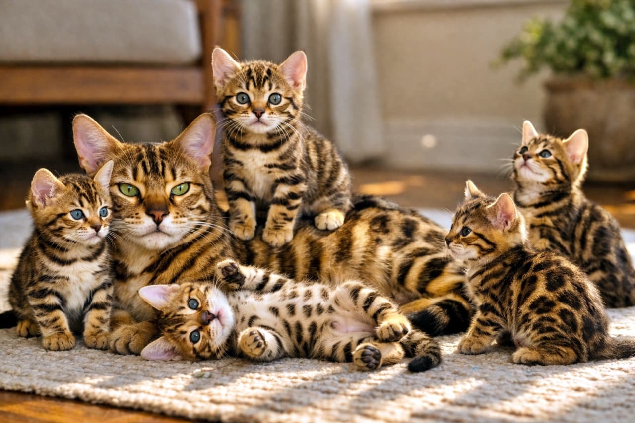 Photorealistic scene of a Bengal mother cat resting on a sunlit rug, surrounded by five Bengal kittens in distinct poses, warm morning light and affectionate family atmosphere. 朝の柔らかな光が差し込むラグの上でくつろぐベンガルの母猫と、はっきり区別できる5匹の子猫たちがそれぞれ異なるポーズで寄り添う、温かく愛情あふれるシーン