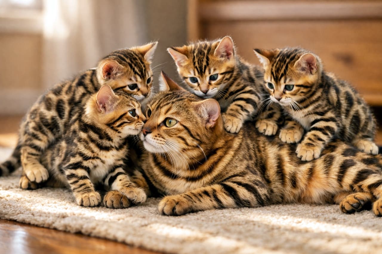 A close-up, photorealistic scene of a Bengal mother cat lying on a sunlit indoor rug while four Bengal kittens playfully climb onto her back and shoulders, their paws resting gently on her body as she gazes at one kitten with warm, attentive eyes. 室内の陽だまりのラグの上で横たわるベンガルの母猫に、4匹の子猫が背中や肩によじ登り、前足を自然に乗せながら遊んでいる様子。母猫はそのうちの1匹を優しく見つめている、温かくフォトリアルなクローズアップシーン