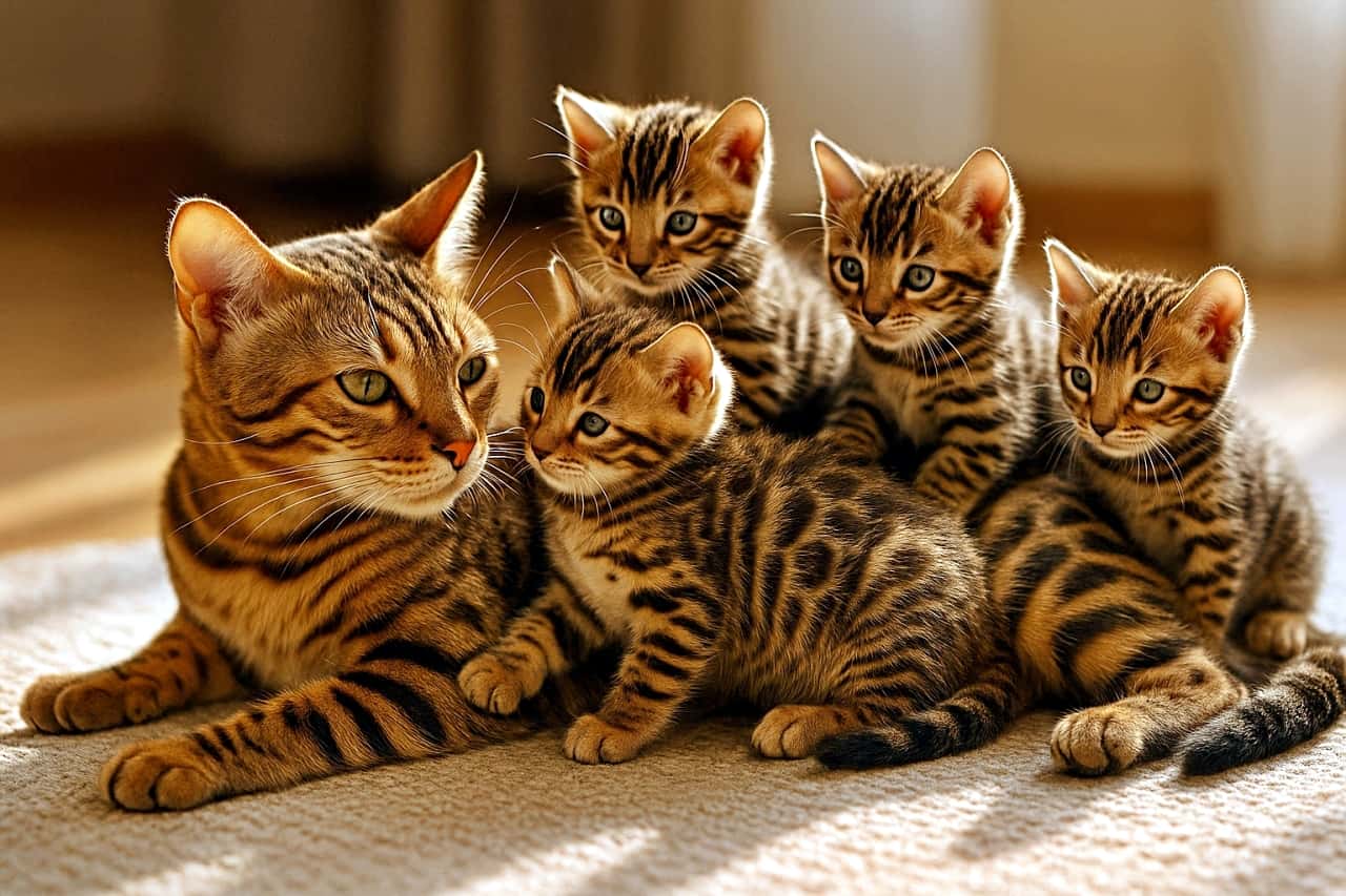 A photorealistic close-up of a Bengal mother cat lying on a sunlit rug indoors, with four Bengal kittens playfully climbing onto her back and shoulders. Each kitten’s body, paws, and neck are clearly defined, with natural contact and no merging. The mother gazes warmly at one kitten. Soft morning light and shallow depth of field create a cozy, intimate atmosphere. 室内の陽だまりのラグに横たわるベンガルの母猫。その背中や肩に、4匹のベンガル子猫が遊びながらよじ登るフォトリアルな接写。子猫たちの体や足、首はそれぞれ明確に分かれ、自然な接触で重なりはない。母猫は1匹の子猫をやさしく見つめている。朝の柔らかな光と浅い被写界深度が、ぬくもりある親密な空気を演出する