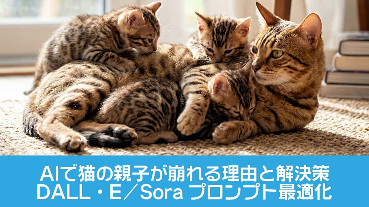In a sunlit room, an adult tabby cat lies on a woven rug surrounded by four striped kittens who cuddle, climb, and nestle against the parent. The warm light from a large window with sheer curtains highlights the cozy atmosphere, while a stack of books under a wooden shelf adds a quiet domestic touch. 日差しの差し込む部屋で、成猫のキジトラがラグの上に横たわり、4匹の縞模様の子猫たちが寄り添い、よじ登り、甘えるように身を寄せている。レースのカーテン越しの柔らかな光が空間を包み、木製家具の下に積まれた本が静かな暮らしの気配を添えている