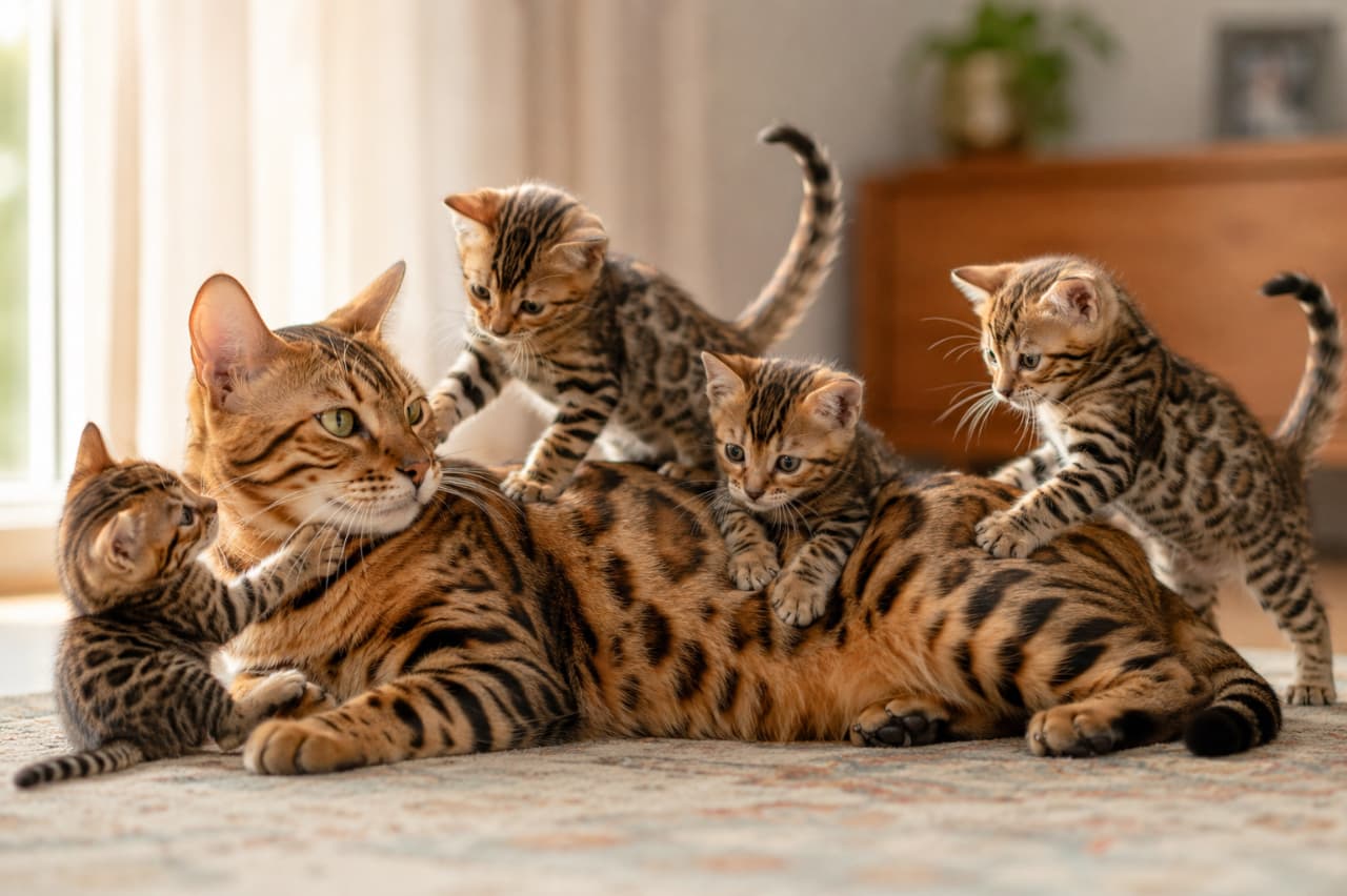 「ママ大好き!甘えん坊な子猫たちに囲まれて、ベンガルママの優しい眼差しにキュンとしちゃうニャ💞 #ベンガル猫 #子猫のいる暮らし」Ultra-realistic high-quality photograph of a Bengal mother cat looking left while her four energetic kittens play around her on a living room carpet. The cats feature beautiful spotted and rosette coat patterns. 柔らかな光が入るリビングの絨毯の上で、はっきりとしたロゼット模様を持つベンガルの母猫が左側を向き、背中や周囲にいる4匹の子猫たちを優しく見守っています。子猫たちは尻尾を立てたり、母猫の体に前足をかけたりと、それぞれが元気に動いている生き生きとした写真